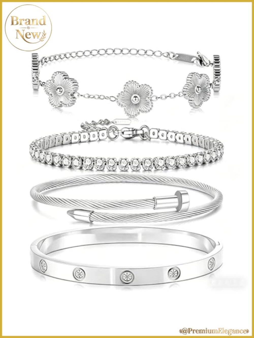 18K Gold Plated Women's Stackable Floral Clover Bangle Bracelets Set